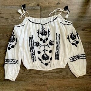 White Off the Shoulder Blouse with Navy Floral Accents from BP